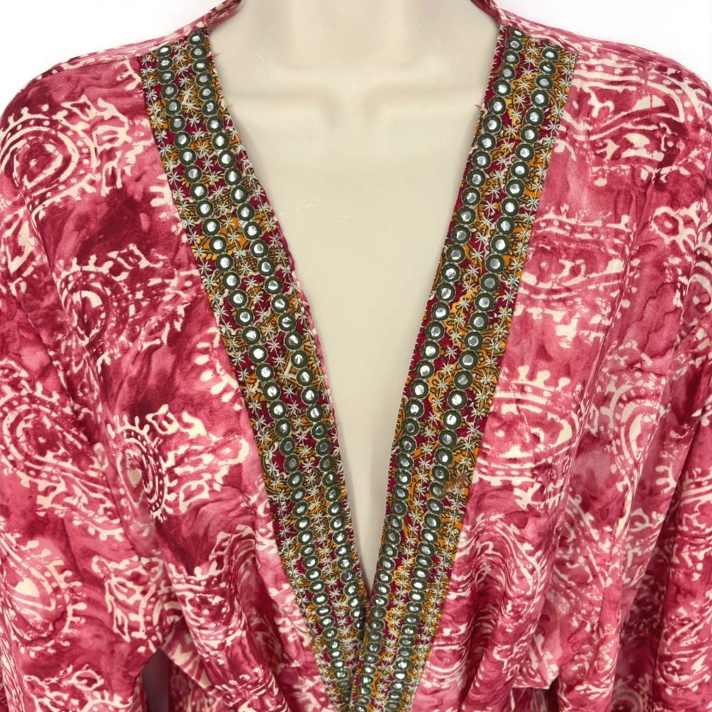 White Waves Pink Paisley Silk Blend Mirror Work Kimono Robe One Size